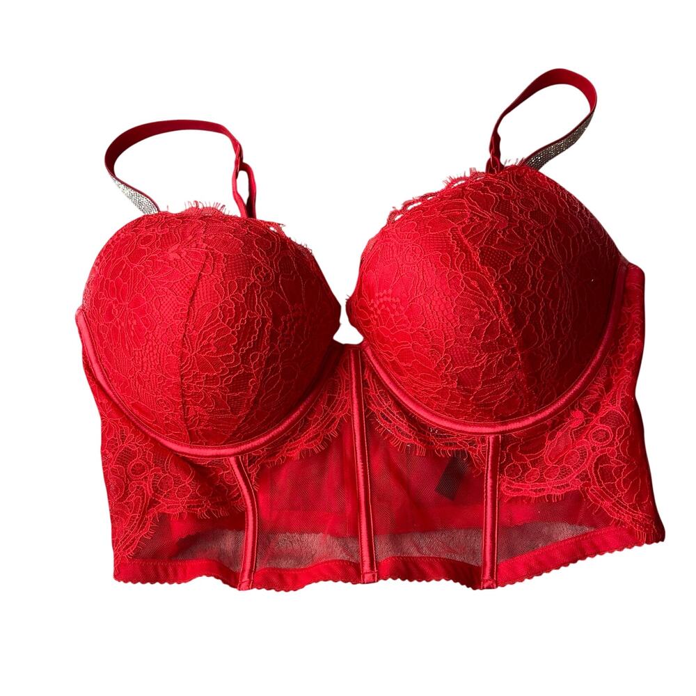 Victoria's Secret Very Sexy rhinestone Strap Red Lace Push-Up Corset Top 38D